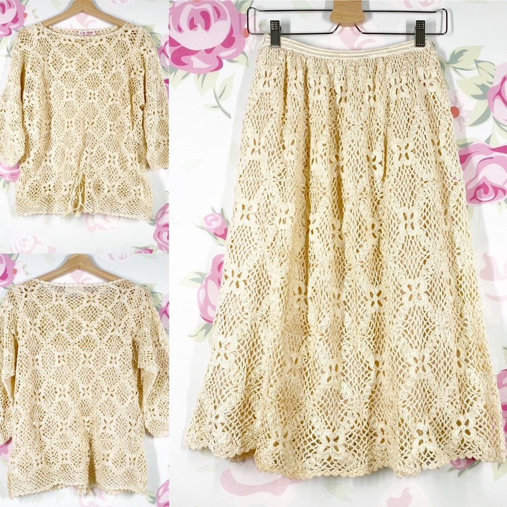 Vintage Cream Midi A-Line Skirt Set
